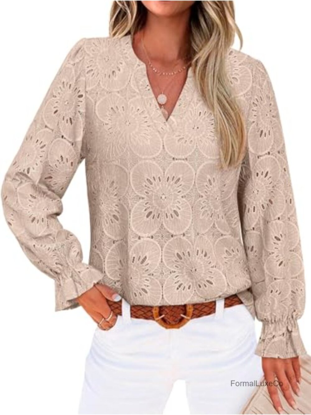 Women's V-Neck Eyelet Lace Tunic Top with Lining